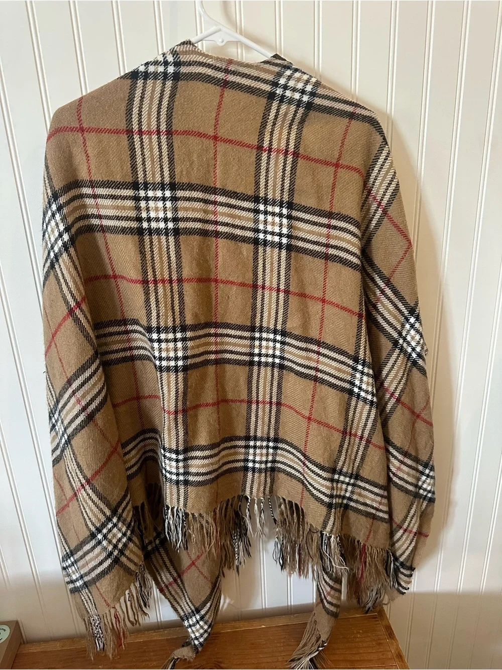 V. FRAAS Camel Plaid Fringe Wrap Cape